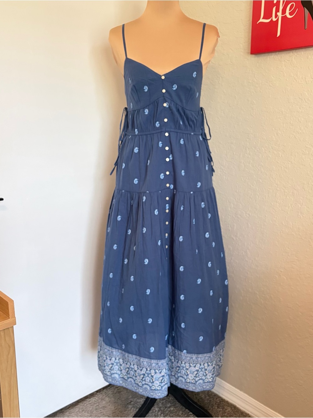 American Eagle Blue Embroidered Button-Front Midi Dress size small NWT